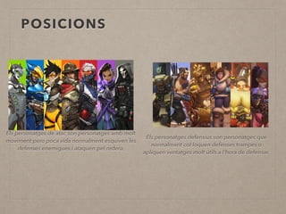 POSICIONS
Els personatges de atac son personatges amb molt
moviment pero poca vida normalment esquiven les
defenses enemigues i ataquen pel redera.
Els personatges defensius son personatges que
normalment col·loquen defenses trampes o
apliquen ventatges molt útils a l'hora de defensar.
 