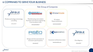 4©2018 | www.yole.fr | About Yole Développement
6 COMPANIES TO SERVEYOUR BUSINESS
Due diligence
www.yole.fr
Manufacturing costs analysis
Teardown and reverse engineering
Cost simulation tools
www.systemplus.fr
Market,technology and strategy
consulting
www.yole.fr
IP analysis
Patent assessment
www.knowmade.fr
Innovation and business maker
www.bmorpho.com
Design and characterization of
innovative optical systems
www.piseo.fr
Yole Group of Companies
 