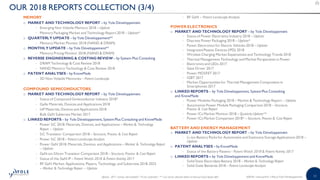 12©2018 | www.yole.fr | About Yole Développement
OUR 2018 REPORTS COLLECTION (3/4)
MEMORY
o MARKET AND TECHNOLOGY REPORT – by Yole Développement
− Emerging Non Volatile Memory 2018 – Update
− Memory Packaging Market and Technology Report 2018 – Update*
o QUARTERLY UPDATE – by Yole Développement**
− Memory Market Monitor 2018 (NAND  DRAM)
o MONTHLY UPDATE – by Yole Développement**
− Memory Pricing Monitor 2018 (NAND  DRAM)
o REVERSE ENGINEERING  COSTING REVIEW – by System Plus Consulting
− DRAM Technology  Cost Review 2018
− NAND Memory Technology  Cost Review 2018
o PATENT ANALYSES – by KnowMade
− 3D Non-Volatile Memories – Patent Landscape
COMPOUND SEMICONDUCTORS
o MARKET AND TECHNOLOGY REPORT – by Yole Développement
− Status of Compound Semiconductor Industry 2018*
− GaAs Materials, Devices and Applications 2018
− InP Materials, Devices and Applications 2018
− Bulk GaN Substrate Market 2017
o LINKED REPORTS – by Yole Développement, System Plus Consulting and KnowMade
− Power SiC 2018: Materials, Devices, and Applications – Market  Technology
Report – Update
− SiC Transistor Comparison 2018 – Structure, Process  Cost Report
− Power SiC 2018 – Patent Landscape Analysis
− Power GaN 2018: Materials, Devices, and Applications – Market  Technology Report
– Update
− GaN-on-Silicon Transistor Comparison 2018 – Structure, Process  Cost Report
− Status of the GaN IP – Patent Watch 2018  Patent Activity 2017
− RF GaN Market: Applications, Players, Technology, and Substrates 2018-2023
– Market  Technology Report – Update
− RF GaN – Patent Landscape Analysis
POWER ELECTRONICS
o MARKET AND TECHNOLOGY REPORT – by Yole Développement
− Status of Power Electronics Industry 2018 – Update
− Discrete Power Packaging 2018 – Update*
− Power Electronics for Electric Vehicles 2018 – Update
− Integrated Passive Devices (IPD) 2018
− Wireless Charging Market Expectations and Technology Trends 2018
− Thermal Management Technology and Market Perspectives in Power
− Electronics and LEDs 2017
− Gate Driver 2017
− Power MOSFET 2017
− IGBT 2017
− Market Opportunities for Thermal Management Components in
Smartphones 2017
o LINKED REPORTS – by Yole Développement, System Plus Consulting
and KnowMade
− Power Modules Packaging 2018 – Market  Technology Report – Update
− Automotive Power Module Packaging Comparison2018 – Structure,
Process  Cost Report
− Power ICs Market Monitor 2018 – Quaterly Update**
− Power ICs Market Comparison 2018* – Structure, Process  Cost Report
BATTERY AND ENERGY MANAGEMENT
o MARKET AND TECHNOLOGY REPORT – by Yole Développement
− Li-ion Battery Packs for Automotive and Stationary Storage Applications 2018 –
Update
o PATENT ANALYSES – by KnowMade
− Status of the Battery Patents – Patent Watch 2018  Patent Activity 2017
o LINKED REPORTS – by Yole Développement and KnowMade
− Solid State Electrolyte Battery 2018 – Market  Technology Report
− Solid-State Batteries 2018 – Patent Landscape Analysis
Update : 2017 version still available / *To be confirmed / ** Can not be selected within an Annual Subscription offer
 