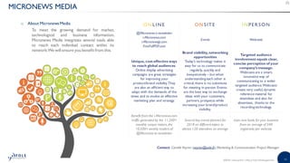 15©2018 | www.yole.fr | About Yole Développement
MICRONEWS MEDIA
o About Micronews Media
To meet the growing demand for market,
technological and business information,
Micronews Media integrates several tools able
to reach each individual contact within its
network.We will ensure you benefit from this.
ON L IN E ON SITE IN PERSON
@Micronews e-newsletter
i-Micronews.com
i-Micronewsjp.com
FreeFullPDF.com
Events Webcasts
Unique, cost-effective ways
to reach global audiences.
Online display advertising
campaigns are great strategies
for improving your
product/brand visibility.They
are also an efficient way to
adapt with the demands of the
times and to evolve an effective
marketing plan and strategy.
Brand visibility,networking
opportunities
Today's technology makes it
easy for us to communicate
regularly, quickly,and
inexpensively – but when
understanding each other is
critical, there is no substitute
for meeting in-person.Events
are the best way to exchange
ideas with your customers,
partners, prospects while
increasing your brand/product
visibility.
Targeted audience
involvement equals clear,
concise perception of your
company’s message.
Webcasts are a smart,
innovative way of
communicating to a wider
targeted audience.Webcasts
create very useful,dynamic
reference material for
attendees and also for
absentees, thanks to the
recording technology.
Benefit from the i-Micronews.com
traffic generated by the 11,200+
monthly unique visitors, the
10,500+ weekly readers of
@Micronew se-newsletter
Several key events planned for
2018 on different topics to
attract 120 attendees on average
Gain new leads for your business
from an average of 340
registrants per webcast
Contact: Camille Veyrier (veyrier@yole.fr),Marketing  Communication Project Manager
 