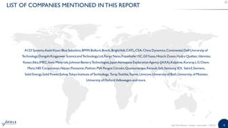 6
A123 Systems,Asahi Kasei,Blue Solutions,BMW,Bolloré,Bosch,BrightVolt,CATL,CEA,China Dynamics,Continental,Delf University of
Technology,DongshiKingpower ScienceandTechnologyLtd,Forge Nano,Fraunhofer ISC,GSYuasa,Hitachi Zosen,Hydro Québec,Idemitsu
Kosan,Ilika,IMEC,Ionic Materials,JohnsonBatteryTechnologies,JapanAerospace ExplorationAgency (JAXA),Kalptree,Kuraray,LGChem,
Manz,NEI Corporation,Nissan,Panasonic,Pathion,PSA Peugot Citroën,Quantumscape,Renault,Saft,Samsung SDI, Sakti3,Siemens,
Solid Energy,Solid Power,Solvay,Tokyo Institute ofTechnology, Toray,Toshiba,Toyota,Umicore,University of Bath,University of Münster,
University of Oxford,Volkswagen,and more.
LIST OF COMPANIES MENTIONED IN THIS REPORT
Solid State Battery | Sample | www.yole.fr | ©2018
 