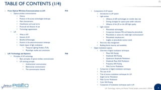 3
o From Optical Wireless Communications to LiFi P34
• Optical wireless communications
• History
• Position in the access technologies landscape
• Main characteristics
• Classification and usual terms
• Protocols and distance of use
• Technology segmentation
• LiFi
• What is LiFi?
• Genesis of LiFi
• Benefits & Advantages
• Position in the telecommunication landscape
• Health impact of light modulation
• Temporal Lighting Artefact (TLA)
• Physiologic studies and conclusions
o LiFi Technology and Systems P48
• Principles of LiFi technology
• Basic principles of optical wireless communication
• LiFi working principle
• Unidirectional communication
• Bidirectional communication
• The communication channel
• Components of LiFi system
• Introduction to LiFi system
• Light emitter
• Influence of LED technologies on transfer data rate
• Driving strategies for optical pulse width reduction
• Influence of the LiFi on the LED light quality
• Light receiver
• Photodiode technologies
• Comparison between PIN and Aaalanche photodiode
• Photodiode or camera for visible light communication?
• Photodiode manufacturers
• Insights on photodiode market trends
• Electronic data management
• Building blocks maturity and availability
• Digital modulation aspects
• Overview of digital modulation techniques
• Phase Shift Keying
• Amplitude Shift Keying
• Quadrature Amplitude Modulation
• Amplitude Phase Shift Modulation
• Frequency Shift Keying
• Multi Carrier Modulation
• Comparison of digital modulation techniques
• The case of LiFi
• Tree of various modulation techniques for LiFi
• Single Carrier Modulation
• Multi Carrier Modulation
• Color Shift Keying
• Comparison of modulation techniques used in LiFi
TABLE OF CONTENTS (1/4)
LiFi: Technology, Industry and Market Trends| Sample | www.yole.fr | ©2018
 