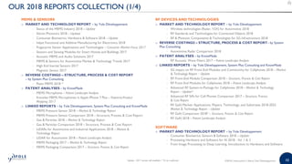10©2018 | www.yole.fr | About Yole Développement
OUR 2018 REPORTS COLLECTION (1/4)
MEMS  SENSORS
o MARKET AND TECHNOLOGY REPORT – by Yole Développement
− Status of the MEMS Industry 2018 – Update
− Silicon Photonics 2018 – Update
− Consumer Biometrics: Hardware  Software 2018 – Update
− Inkjet Functional and Additive Manufacturing for Electronics 2018
− Fingerprint Sensor Applications and Technologies – Consumer Market Focus 2017
− Sensors and Sensing Modules for Smart Homes and Buildings 2017
− Acoustic MEMS and Audio Solutions 2017
− MEMS  Sensors for Automotive Market  Technology Trends 2017
− High End Inertial Sensors 2017
− Magnetic Sensor 2017
o REVERSE COSTING® – STRUCTURE, PROCESS  COST REPORT
– by System Plus Consulting
− Piezo MEMS 2018 *
o PATENT ANALYSES – by KnowMade
− MEMS Microphone – Patent Landscape Analysis
− Knowles MEMS Microphones in Apple iPhone 7 Plus – Patent-to-Product
Mapping 2017
o LINKED REPORTS – by Yole Développement, System Plus Consulting and KnowMade
− MEMS Pressure Sensor 2018 – Market  Technology Report
− MEMS Pressure Sensor Comparison 2018 – Structure, Process  Cost Report
− Gas  Particles 2018 – Market  Technology Report
− Gas  Particles Comparison 2018 – Structure, Process  Cost Report
− LiDARs for Automotive and Industrial Applications 2018 – Market 
Technology Report
− LiDAR for Automotive 2018 – Patent Landscape Analysis
− MEMS Packaging 2017 – Market  Technology Report
− MEMS Packaging Comparison 2017 – Structure, Process  Cost Report
RF DEVICES ANDTECHNOLOGIES
o MARKET AND TECHNOLOGY REPORT – by Yole Développement
− Wireless technologies (Radar, V2X) for Automotive 2018
− RF Standards and Technologies for Connected Objects 2018
− RF  Photonic Components  Technologies for 5G Infrastructure 2018
o REVERSE COSTING® – STRUCTURE, PROCESS  COST REPORT– by System
Plus Consulting
− Automotive Radar Comparison 2018
o PATENT ANALYSES – by KnowMade
− RF Acoustic Wave Filters 2017 – Patent Landscape Analysis
o LINKED REPORTS – by Yole Développement, System Plus Consulting and KnowMade
− 5G impact on RF Front End Modules and Connectivity for Cellphones 2018 – Market
 Technology Report – Update
− RF Front-End Module Comparison 2018 – Structure, Process  Cost Report
− RF Front End Modules for Cellphones 2018 – Patent Landscape Analysis
− Advanced RF System-in-Package for Cellphones 2018 – Market  Technology
Report – Update*
− Advanced RF SiPs for Cell Phones Comparison 2017 – Structure, Process
 Cost Report
− RF GaN Market: Applications, Players, Technology, and Substrates 2018-2023
Market  Technology Report – Update
− RF GaN Comparison 2018* – Structure, Process  Cost Report
− RF GaN 2018 – Patent Landscape Analysis
SOFTWARE
o MARKET AND TECHNOLOGY REPORT – by Yole Développement
− Consumer Biometrics: Sensors  Software 2018 – Update
− Processing Hardware and Software for AI 2018 - Vol. 1  2
− From Image Processing to Deep Learning, Introduction to Hardware and Software
Update : 2017 version still available / *To be confirmed
 