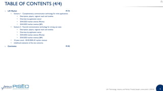 6
o LiFi Market P173
• Scenario 1 - Complementary communication technology for niche applications
• Description, players, regional reach and timeline
• Overview by application sector
• 2018-2023 market volume (Munits)
• 2018-2023 market revenue ($M)
• Scenario 2 - Favored communication technology for strong use cases
• Description, players, regional reach and timeline
• Overview by application sector
• 2018-2023 market volume (Munits)
• 2018-2023 market revenue ($M)
• 10 years trend - 2018-2028 LiFi market revenue
• Likelihood evaluation of the two scenarios
o Conclusion P195
TABLE OF CONTENTS (4/4)
LiFi: Technology, Industry and Market Trends| Sample | www.yole.fr | ©2018
 