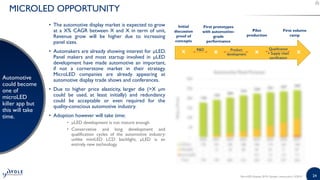 2424
MICROLED OPPORTUNITY
Automotive
could become
one of
microLED
killer app but
this will take
time.
• The automotive display market is expected to grow
at a X% CAGR between X and X in term of unit,
Revenue grow will be higher due to increasing
panel sizes.
• Automakers are already showing interest for µLED.
Panel makers and most startup involved in µLED
development have made automotive an important,
if not a cornerstone market in their strategy.
MicroLED companies are already appearing at
automotive display trade shows and conferences.
• Due to higher price elasticity, larger die (>X µm
could be used, at least initially) and redundancy
could be acceptable or even required for the
quality-conscious automotive industry.
• Adoption however will take time:
• µLED development is not mature enough
• Conservative and long development and
qualification cycles of the automotive industry:
unlike miniLED LCD backlight, µLED is an
entirely new technology.
MicroLED Displays 2019 | Sample | www.yole.fr | ©2019
Initial
discussion
proof of
concepts
First prototypes
with automotive-
grade
performance
Pilot
production
First volume
ramp
X X X X
R&D Product
development
Qualification
+ Supply chain
certification
 