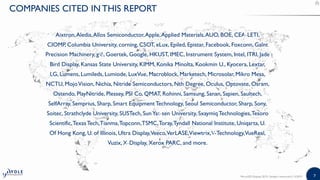 77
Aixtron,Aledia,Allos Semiconductor,Apple,Applied Materials,AUO, BOE, CEA-LETI,
CIOMP, Columbia University, corning, CSOT, eLux, Epiled, Epistar, Facebook, Foxconn, Galnt
Precision Machinery, glō, Goertek, Google, HKUST, IMEC, Instrument System, Intel, ITRI, Jade
Bird Display, Kansas State University, KIMM, Konika Minolta, Kookmin U., Kyocera, Lextar,
LG, Lumens, Lumileds, Lumiode, LuxVue, Macroblock, Marketech, Microsolar, Mikro Mesa,
NCTU, MojoVision, Nichia, Nitride Semiconductors, Nth Degree, Oculus, Optovate, Osram,
Ostendo, PlayNitride, Plessey, PSI Co, QMAT, Rohinni, Samsung, Sanan, Sapien, Saultech,
SelfArray, Semprius, Sharp, Smart Equipment Technology, Seoul Semiconductor, Sharp, Sony,
Soitec, Strathclyde University, SUSTech, SunYat-sen University, SxaymiqTechnologies,Tesoro
Scientific,TexasTech,Tianma,Topconn,TSMC,Toray,Tyndall National Institute, Uniqarta, U.
Of Hong Kong, U. of Illinois, Ultra Display,Veeco,VerLASE,Viewtrix,V-Technology,VueReal,
Vuzix, X-Display, Xerox PARC, and more.
MicroLED Displays 2019 | Sample | www.yole.fr | ©2019
COMPANIES CITED IN THIS REPORT
 