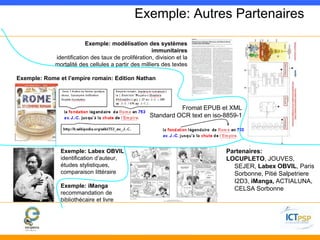 Exemple: Autres Partenaires 
Partenaires: 
LOCUPLETO, JOUVES, 
SEJER, Labex OBVIL, Paris 
Sorbonne, Pitié Salpetriere 
I2D3, iManga, ACTIALUNA, 
CELSA Sorbonne 
Exemple: modélisation des systèmes 
immunitaires 
identification des taux de prolifération, division et la 
mortalité des cellules a partir des milliers des textes 
Exemple: Rome et l’empire romain: Edition Nathan 
Exemple: Labex OBVIL 
identification d’auteur, 
études stylistiques, 
comparaison littéraire 
Exemple: iManga 
recommandation de 
bibliothécaire et livre 
Fromat EPUB et XML 
Standard OCR text en iso-8859-1 
 