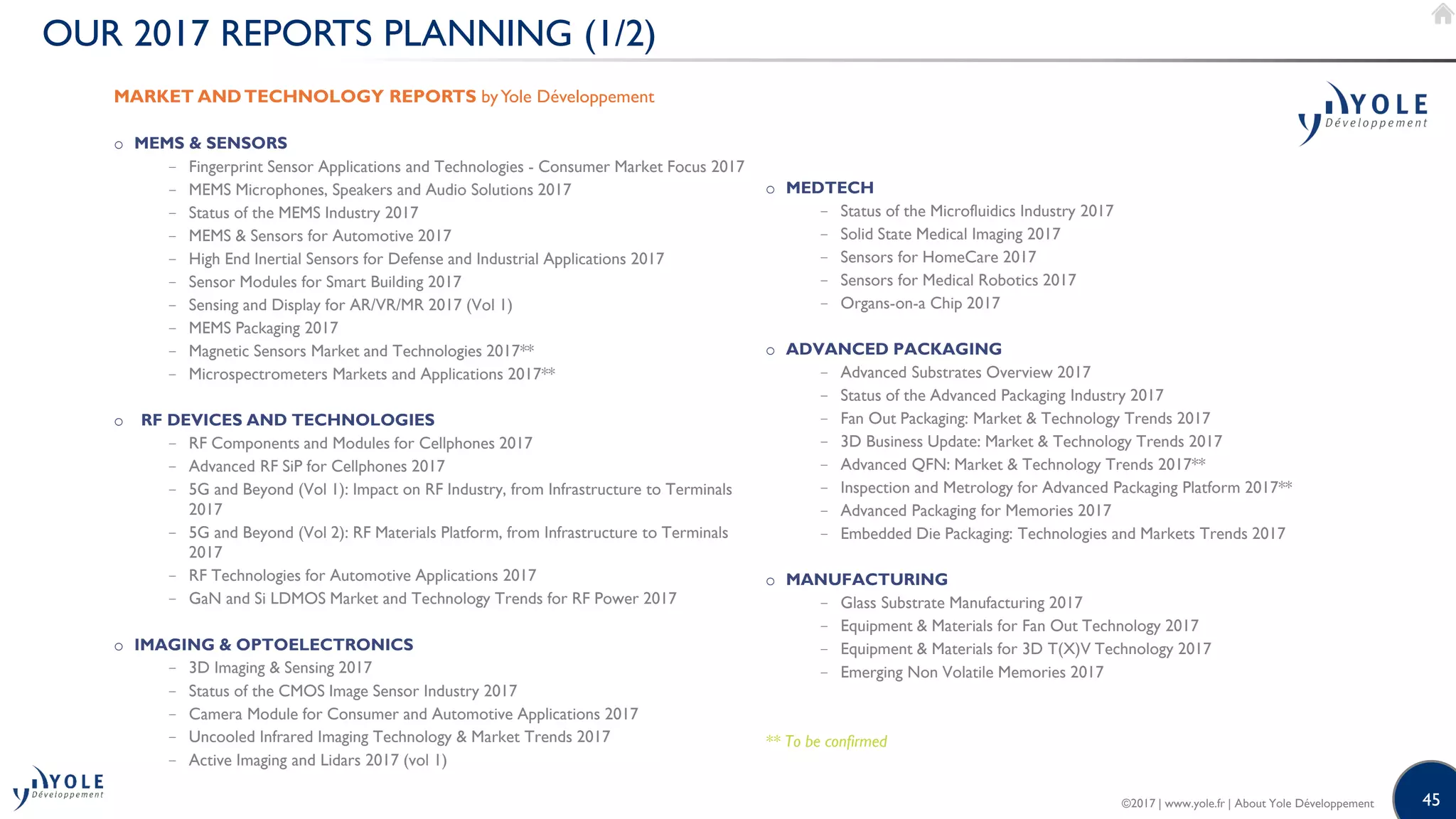 45
OUR 2017 REPORTS PLANNING (1/2)
MARKET ANDTECHNOLOGY REPORTS byYole Développement
o MEMS & SENSORS
− Fingerprint Sensor Applications and Technologies - Consumer Market Focus 2017
− MEMS Microphones, Speakers and Audio Solutions 2017
− Status of the MEMS Industry 2017
− MEMS & Sensors for Automotive 2017
− High End Inertial Sensors for Defense and Industrial Applications 2017
− Sensor Modules for Smart Building 2017
− Sensing and Display for AR/VR/MR 2017 (Vol 1)
− MEMS Packaging 2017
− Magnetic Sensors Market and Technologies 2017**
− Microspectrometers Markets and Applications 2017**
o RF DEVICES AND TECHNOLOGIES
− RF Components and Modules for Cellphones 2017
− Advanced RF SiP for Cellphones 2017
− 5G and Beyond (Vol 1): Impact on RF Industry, from Infrastructure to Terminals
2017
− 5G and Beyond (Vol 2): RF Materials Platform, from Infrastructure to Terminals
2017
− RF Technologies for Automotive Applications 2017
− GaN and Si LDMOS Market and Technology Trends for RF Power 2017
o IMAGING & OPTOELECTRONICS
− 3D Imaging & Sensing 2017
− Status of the CMOS Image Sensor Industry 2017
− Camera Module for Consumer and Automotive Applications 2017
− Uncooled Infrared Imaging Technology & Market Trends 2017
− Active Imaging and Lidars 2017 (vol 1)
o MEDTECH
− Status of the Microfluidics Industry 2017
− Solid State Medical Imaging 2017
− Sensors for HomeCare 2017
− Sensors for Medical Robotics 2017
− Organs-on-a Chip 2017
o ADVANCED PACKAGING
− Advanced Substrates Overview 2017
− Status of the Advanced Packaging Industry 2017
− Fan Out Packaging: Market & Technology Trends 2017
− 3D Business Update: Market & Technology Trends 2017
− Advanced QFN: Market & Technology Trends 2017**
− Inspection and Metrology for Advanced Packaging Platform 2017**
− Advanced Packaging for Memories 2017
− Embedded Die Packaging: Technologies and Markets Trends 2017
o MANUFACTURING
− Glass Substrate Manufacturing 2017
− Equipment & Materials for Fan Out Technology 2017
− Equipment & Materials for 3D T(X)V Technology 2017
− Emerging Non Volatile Memories 2017
** To be confirmed
©2017 | www.yole.fr | About Yole Développement
 
