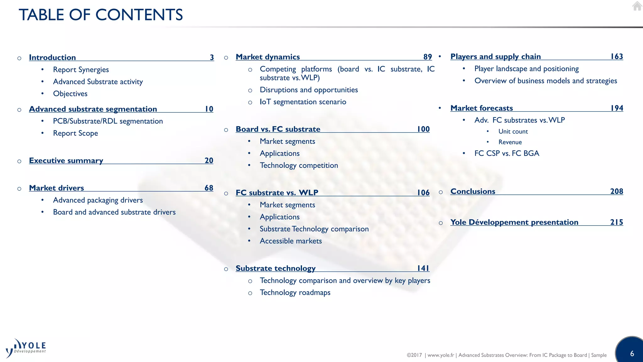 6
TABLE OF CONTENTS
o Introduction 3
• Report Synergies
• Advanced Substrate activity
• Objectives
o Advanced substrate segmentation 10
• PCB/Substrate/RDL segmentation
• Report Scope
o Executive summary 20
o Market drivers 68
• Advanced packaging drivers
• Board and advanced substrate drivers
• Players and supply chain 163
• Player landscape and positioning
• Overview of business models and strategies
• Market forecasts 194
• Adv. FC substrates vs.WLP
• Unit count
• Revenue
• FC CSP vs. FC BGA
o Conclusions 208
o Yole Développement presentation 215
o Market dynamics 89
o Competing platforms (board vs. IC substrate, IC
substrate vs.WLP)
o Disruptions and opportunities
o IoT segmentation scenario
o Board vs. FC substrate 100
• Market segments
• Applications
• Technology competition
o FC substrate vs. WLP 106
• Market segments
• Applications
• Substrate Technology comparison
• Accessible markets
o Substrate technology 141
o Technology comparison and overview by key players
o Technology roadmaps
©2017 | www.yole.fr | Advanced Substrates Overview: From IC Package to Board | Sample
 