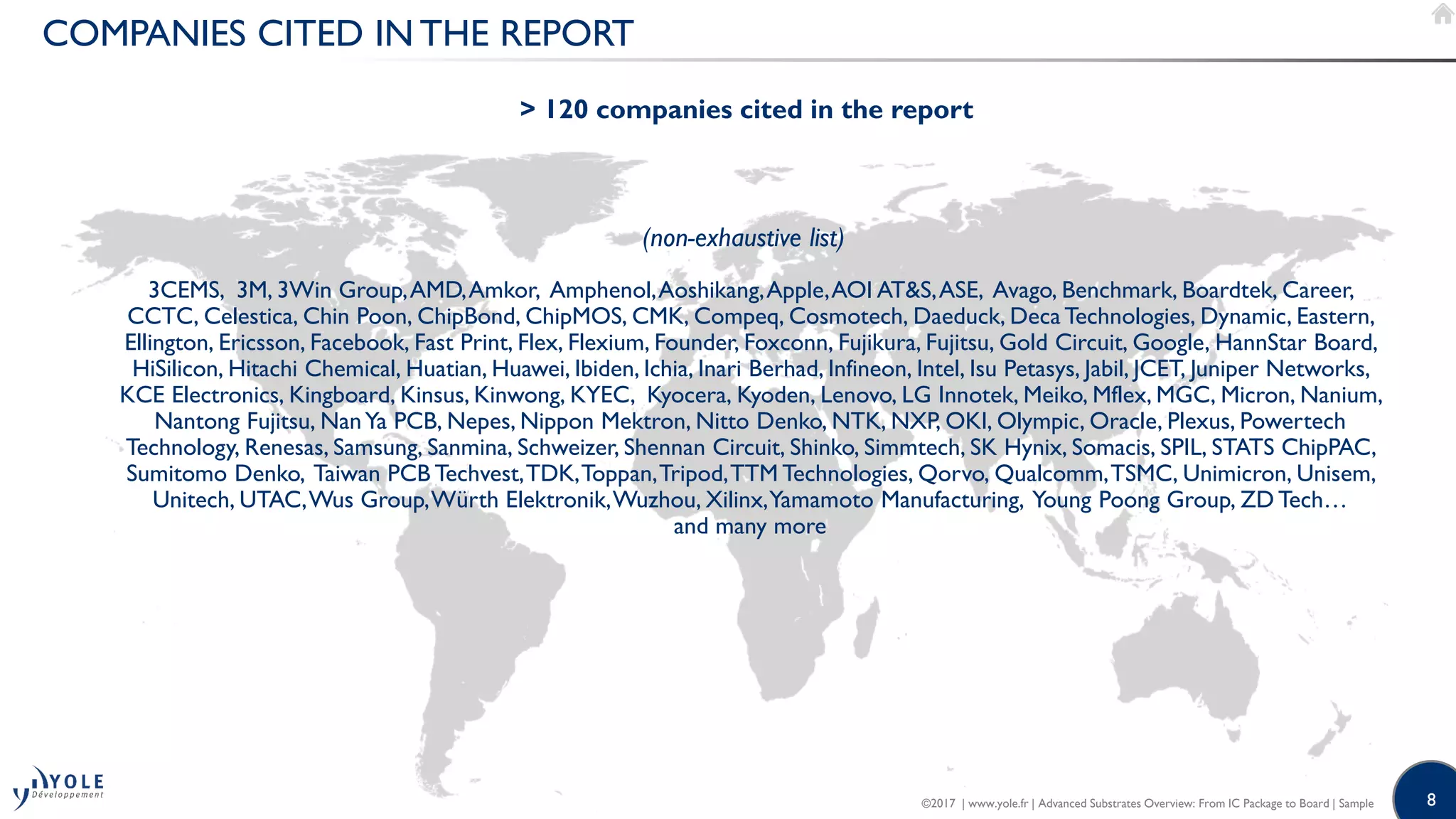 8
COMPANIES CITED IN THE REPORT
3CEMS, 3M, 3Win Group,AMD,Amkor, Amphenol,Aoshikang,Apple,AOI AT&S,ASE, Avago, Benchmark, Boardtek, Career,
CCTC, Celestica, Chin Poon, ChipBond, ChipMOS, CMK, Compeq, Cosmotech, Daeduck, Deca Technologies, Dynamic, Eastern,
Ellington, Ericsson, Facebook, Fast Print, Flex, Flexium, Founder, Foxconn, Fujikura, Fujitsu, Gold Circuit, Google, HannStar Board,
HiSilicon, Hitachi Chemical, Huatian, Huawei, Ibiden, Ichia, Inari Berhad, Infineon, Intel, Isu Petasys, Jabil, JCET, Juniper Networks,
KCE Electronics, Kingboard, Kinsus, Kinwong, KYEC, Kyocera, Kyoden, Lenovo, LG Innotek, Meiko, Mflex, MGC, Micron, Nanium,
Nantong Fujitsu, NanYa PCB, Nepes, Nippon Mektron, Nitto Denko, NTK, NXP, OKI, Olympic, Oracle, Plexus, Powertech
Technology, Renesas, Samsung, Sanmina, Schweizer, Shennan Circuit, Shinko, Simmtech, SK Hynix, Somacis, SPIL, STATS ChipPAC,
Sumitomo Denko, Taiwan PCB Techvest,TDK,Toppan,Tripod,TTM Technologies, Qorvo, Qualcomm,TSMC, Unimicron, Unisem,
Unitech, UTAC,Wus Group,Würth Elektronik,Wuzhou, Xilinx,Yamamoto Manufacturing, Young Poong Group, ZD Tech…
and many more
> 120 companies cited in the report
(non-exhaustive list)
©2017 | www.yole.fr | Advanced Substrates Overview: From IC Package to Board | Sample
 