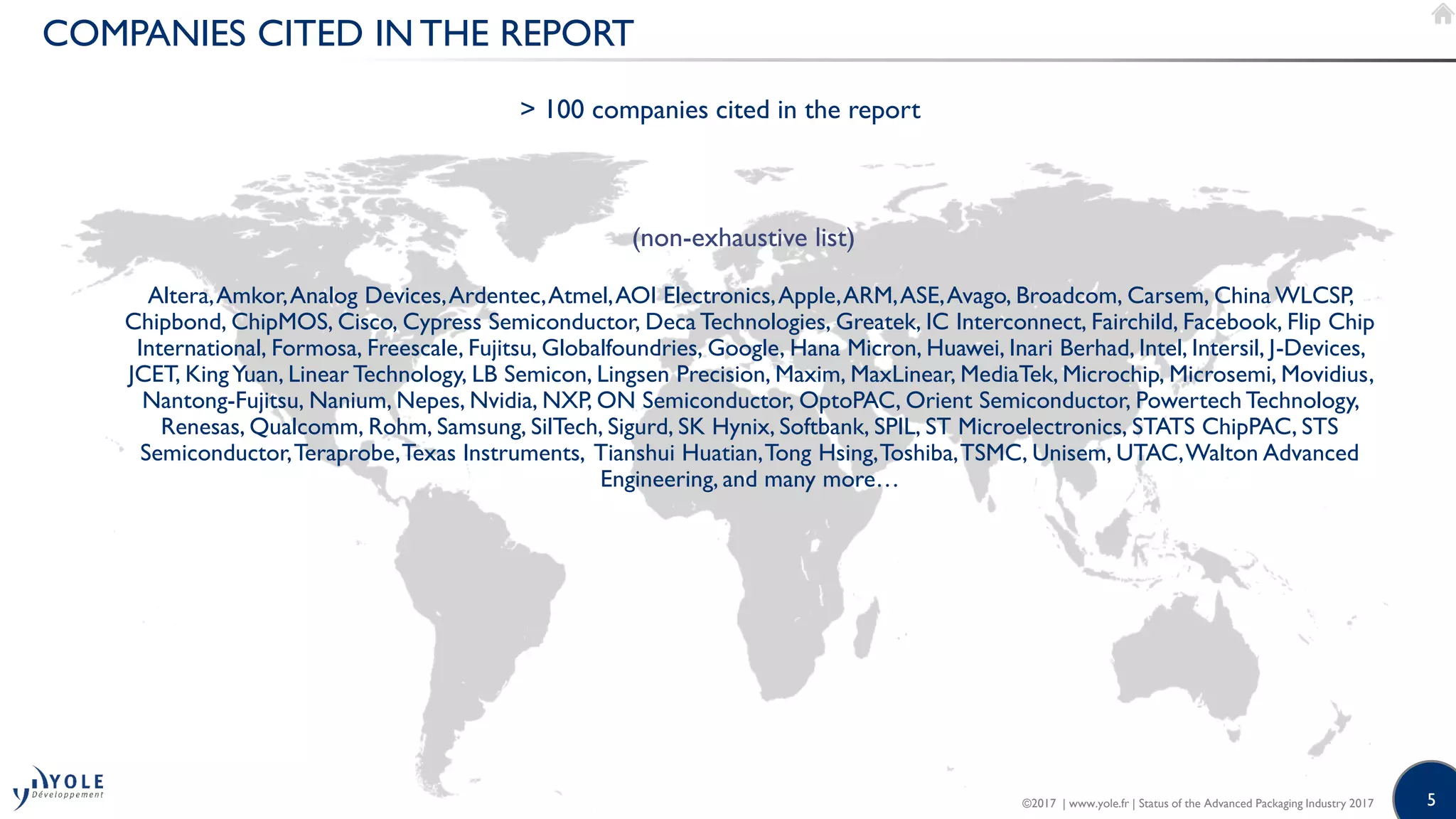 5
COMPANIES CITED IN THE REPORT
Altera,Amkor,Analog Devices,Ardentec,Atmel,AOI Electronics,Apple,ARM,ASE,Avago, Broadcom, Carsem, China WLCSP,
Chipbond, ChipMOS, Cisco, Cypress Semiconductor, Deca Technologies, Greatek, IC Interconnect, Fairchild, Facebook, Flip Chip
International, Formosa, Freescale, Fujitsu, Globalfoundries, Google, Hana Micron, Huawei, Inari Berhad, Intel, Intersil, J-Devices,
JCET, KingYuan, Linear Technology, LB Semicon, Lingsen Precision, Maxim, MaxLinear, MediaTek, Microchip, Microsemi, Movidius,
Nantong-Fujitsu, Nanium, Nepes, Nvidia, NXP, ON Semiconductor, OptoPAC, Orient Semiconductor, Powertech Technology,
Renesas, Qualcomm, Rohm, Samsung, SilTech, Sigurd, SK Hynix, Softbank, SPIL, ST Microelectronics, STATS ChipPAC, STS
Semiconductor,Teraprobe,Texas Instruments, Tianshui Huatian,Tong Hsing,Toshiba,TSMC, Unisem, UTAC,Walton Advanced
Engineering, and many more…
> 100 companies cited in the report
(non-exhaustive list)
©2017 | www.yole.fr | Status of the Advanced Packaging Industry 2017
 