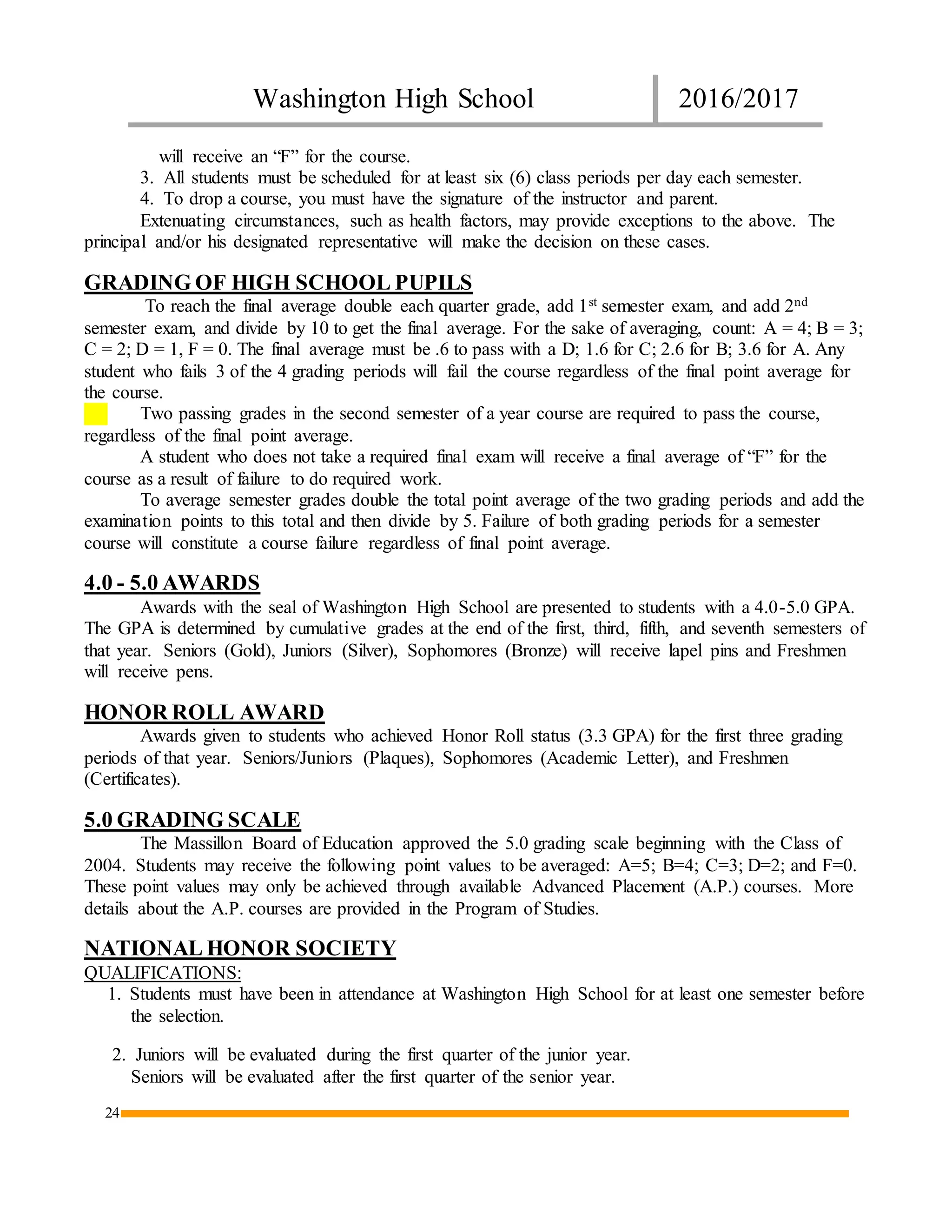 Washington High School 2016/2017
24
will receive an “F” for the course.
3. All students must be scheduled for at least six (6) class periods per day each semester.
4. To drop a course, you must have the signature of the instructor and parent.
Extenuating circumstances, such as health factors, may provide exceptions to the above. The
principal and/or his designated representative will make the decision on these cases.
GRADING OF HIGH SCHOOL PUPILS
To reach the final average double each quarter grade, add 1st semester exam, and add 2nd
semester exam, and divide by 10 to get the final average. For the sake of averaging, count: A = 4; B = 3;
C = 2; D = 1, F = 0. The final average must be .6 to pass with a D; 1.6 for C; 2.6 for B; 3.6 for A. Any
student who fails 3 of the 4 grading periods will fail the course regardless of the final point average for
the course.
Two passing grades in the second semester of a year course are required to pass the course,
regardless of the final point average.
A student who does not take a required final exam will receive a final average of “F” for the
course as a result of failure to do required work.
To average semester grades double the total point average of the two grading periods and add the
examination points to this total and then divide by 5. Failure of both grading periods for a semester
course will constitute a course failure regardless of final point average.
4.0 - 5.0 AWARDS
Awards with the seal of Washington High School are presented to students with a 4.0-5.0 GPA.
The GPA is determined by cumulative grades at the end of the first, third, fifth, and seventh semesters of
that year. Seniors (Gold), Juniors (Silver), Sophomores (Bronze) will receive lapel pins and Freshmen
will receive pens.
HONOR ROLL AWARD
Awards given to students who achieved Honor Roll status (3.3 GPA) for the first three grading
periods of that year. Seniors/Juniors (Plaques), Sophomores (Academic Letter), and Freshmen
(Certificates).
5.0 GRADING SCALE
The Massillon Board of Education approved the 5.0 grading scale beginning with the Class of
2004. Students may receive the following point values to be averaged: A=5; B=4; C=3; D=2; and F=0.
These point values may only be achieved through available Advanced Placement (A.P.) courses. More
details about the A.P. courses are provided in the Program of Studies.
NATIONAL HONOR SOCIETY
QUALIFICATIONS:
1. Students must have been in attendance at Washington High School for at least one semester before
the selection.
2. Juniors will be evaluated during the first quarter of the junior year.
Seniors will be evaluated after the first quarter of the senior year.
 