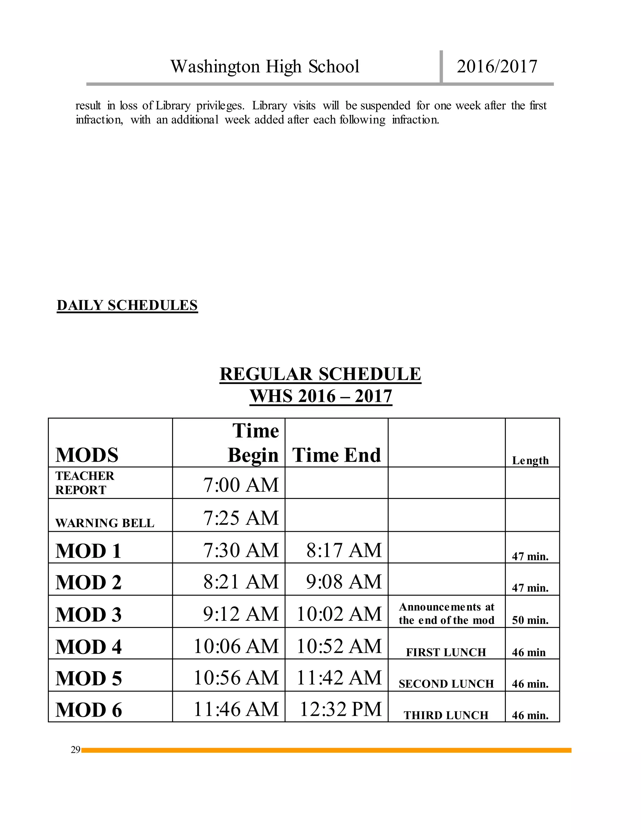 Washington High School 2016/2017
29
result in loss of Library privileges. Library visits will be suspended for one week after the first
infraction, with an additional week added after each following infraction.
DAILY SCHEDULES
REGULAR SCHEDULE
WHS 2016 – 2017
MODS
Time
Begin Time End Length
TEACHER
REPORT 7:00 AM
WARNING BELL 7:25 AM
MOD 1 7:30 AM 8:17 AM 47 min.
MOD 2 8:21 AM 9:08 AM 47 min.
MOD 3 9:12 AM 10:02 AM Announcements at
the end of the mod 50 min.
MOD 4 10:06 AM 10:52 AM FIRST LUNCH 46 min
MOD 5 10:56 AM 11:42 AM SECOND LUNCH 46 min.
MOD 6 11:46 AM 12:32 PM THIRD LUNCH 46 min.
 