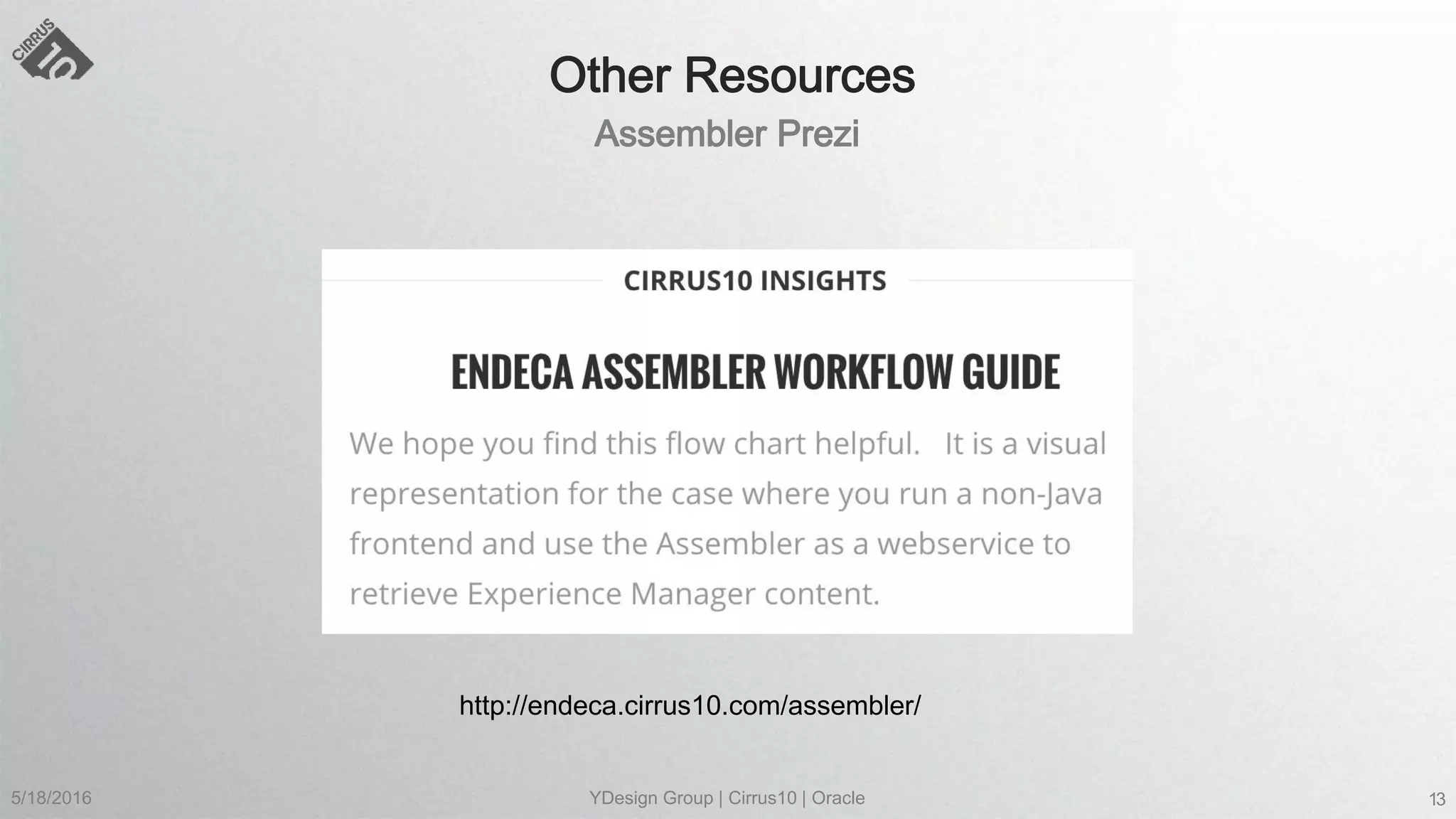 5/18/2016 YDesign Group | Cirrus10 | Oracle 13
http://endeca.cirrus10.com/assembler/
 