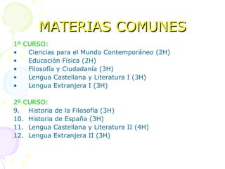 MATERIAS COMUNES 1º CURSO: Ciencias para el Mundo Contemporáneo (2H) Educación Física (2H) Filosofía y Ciudadanía (3H) Lengua Castellana y Literatura I (3H) Lengua Extranjera I (3H) 2º CURSO: Historia de la Filosofía (3H) Historia de España (3H) Lengua Castellana y Literatura II (4H) Lengua Extranjera II (3H) 