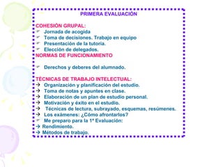 PRIMERA EVALUACIÓN COHESIÓN GRUPAL:  Jornada de acogida Toma de decisiones. Trabajo en equipo Presentación de la tutoría. Elección de delegados. NORMAS DE FUNCIONAMIENTO Derechos y deberes del alumnado. TÉCNICAS DE TRABAJO INTELECTUAL: Organización y planificación del estudio. Toma de notas y apuntes en clase. Elaboración de un plan de estudio personal. Motivación y éxito en el estudio. Técnicas de lectura, subrayado, esquemas, resúmenes. Los exámenes: ¿Cómo afrontarlos? Me preparo para la 1ª Evaluación:    Rendimiento.    Métodos de trabajo. 