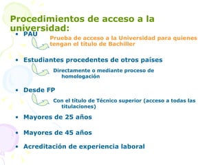 Procedimientos de acceso a la universidad: PAU  Directamente o mediante proceso de homologación Prueba de acceso a la Universidad para quienes tengan el título de Bachiller Estudiantes procedentes de otros países  Con el título de Técnico superior (acceso a todas las titulaciones) Desde FP  Mayores de 25 años Mayores de 45 años Acreditación de experiencia laboral 