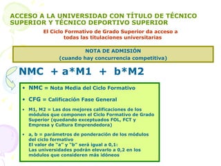 NOTA DE ADMISIÓN (cuando hay concurrencia competitiva) ACCESO A LA UNIVERSIDAD CON TÍTULO DE TÉCNICO SUPERIOR Y TÉCNICO DEPORTIVO SUPERIOR NMC  = Nota Media del Ciclo Formativo CFG  = Calificación Fase General M1, M2 = Las dos mejores calificaciones de los módulos que componen el Ciclo Formativo de Grado Superior (quedando exceptuados FOL, FCT y Empresa y Cultura Emprendedora) a, b = parámetros de ponderación de los módulos del ciclo formativo El valor de “a” y “b” será igual a 0,1: Las universidades podrán elevarlo a 0,2 en los módulos que consideren más idóneos NMC  + a*M1  +  b*M2   El Ciclo Formativo de Grado Superior da acceso a todas las titulaciones universitarias 