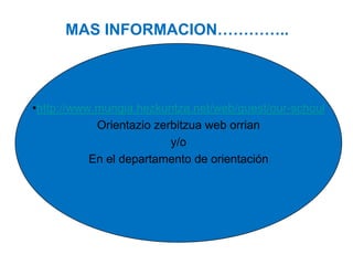 MAS INFORMACION…………..

•http://www.mungia.hezkuntza.net/web/guest/our-schoul
Orientazio zerbitzua web orrian
y/o
En el departamento de orientación

 