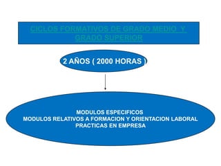CICLOS FORMATIVOS DE GRADO MEDIO Y
GRADO SUPERIOR
2 AÑOS ( 2000 HORAS )

MODULOS ESPECIFICOS
MODULOS RELATIVOS A FORMACION Y ORIENTACION LABORAL
PRACTICAS EN EMPRESA

 