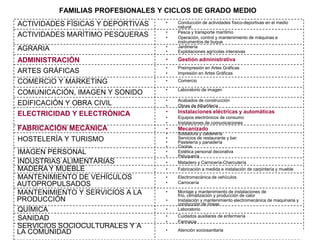 FAMILIAS PROFESIONALES Y CICLOS DE GRADO MEDIO

ACTIVIDADES FÍSICAS Y DEPORTIVAS

•

ACTIVIDADES MARÍTIMO PESQUERAS

•
•

AGRARIA

•
•

Conducción de actividades físico-deportivas en el medio
natural
Pesca y transporte marítimo
Operación, control y mantenimiento de máquinas e
instrumentos de buque
Jardinería
Explotaciones agrícolas intensivas

ADMINISTRACIÓN

•

Gestión administrativa

ARTES GRÁFICAS

•
•

Preimpresión en Artes Gráficas
Impresión en Artes Gráficas

COMERCIO Y MARKETING

•

Comercio

•

Laboratorio de imagen

•
•

Acabados de construcción
Obras de Albañilería

ELECTRICIDAD Y ELECTRÓNICA

•

Instalaciones eléctricas y automáticas

•
•

Equipos electrónicos de consumo
Instalaciones de comunicaciones

FABRICACIÓN MECÁNICA

•

Mecanizado

COMUNICACIÓN, IMAGEN Y SONIDO
EDIFICACIÓN Y OBRA CIVIL

HOSTELERÍA Y TURISMO
IMAGEN PERSONAL
INDUSTRIAS ALIMENTARIAS
MADERA Y MUEBLE
MANTENIMIENTO DE VEHÍCULOS
AUTOPROPULSADOS
MANTENIMIENTO Y SERVICIOS A LA
PRODUCCIÓN
QUÍMICA
SANIDAD
SERVICIOS SOCIOCULTURALES Y A
LA COMUNIDAD

•
•
•
•
•
•
•

Soldadura y calderería
Servicios de restaurante y bar
Pastelería y panadería
Cocina
Estética personal decorativa
Peluquería
Matadero y Carnicería-Charcutería

•

Fabricación a medida e instalación de carpintería y mueble

•
•

Electromecánica de vehículos
Carrocería

•

•

Montaje y mantenimiento de instalaciones de
frío, climatización y producción de calor
Instalación y mantenimiento electromecánica de maquinaria y
conducción de líneas
Laboratorio

•
•

Cuidados auxiliares de enfermería
Farmacia

•

Atención sociosanitaria

•

 