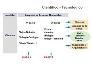 1º curso 2º curso
Física-Química
Biología-Geología
Dibujo Técnico I
Física
Química
Biología
Dibujo Técnico II
Ciclos
Técnicos
Química
Salud
elegir 2
Ciencias
modalidad
Ciencias de la
Salud
Ingenierias y
Arquitecturas
Asignaturas Troncales Opcionales
Científico - Tecnológico
elegir 2
Ciencias
 