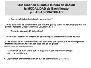 ¿Que modalidad de bachillerato me conviene?¿Que modalidad de bachillerato me conviene?
1.- Cual es la rama de conocimiento que más me gusta y cuales los estudios que más me1.- Cual es la rama de conocimiento que más me gusta y cuales los estudios que más me
gustaría realizar ( Ciclos Formativos, Universidad… )gustaría realizar ( Ciclos Formativos, Universidad… )
¿Que asignaturas de 2º debo elegir?¿Que asignaturas de 2º debo elegir?
2.- En2.- En Grado SuperiorGrado Superior loslos criterios de prioridadcriterios de prioridad para baremar solicitudes de plazapara baremar solicitudes de plaza
3.- En el caso de ir a la3.- En el caso de ir a la UniversidadUniversidad, cual es el, cual es el valorvalor que se concede a cadaque se concede a cada asignaturaasignatura
troncal de opcióntroncal de opción en relación con cada uno de los gradosen relación con cada uno de los grados
(mirar los cuadros que vienen a continuación)(mirar los cuadros que vienen a continuación)
¿En función de esto, cuales son las asignaturas que me conviene coger¿En función de esto, cuales son las asignaturas que me conviene coger
en 1º de bachilleratoen 1º de bachillerato
4.- La4.- La prelaciónprelación entreentre materias de 1º y 2ºmaterias de 1º y 2º de Bachilleratode Bachillerato (asignaturas llave).(asignaturas llave).
Que tener en cuenta a la hora de decidirQue tener en cuenta a la hora de decidir
la MODALIDAD de Bachilleratola MODALIDAD de Bachillerato
y LAS ASIGNATURASy LAS ASIGNATURAS
 