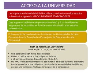ACCESO A LA UNIVERSIDAD
Las asignaturas de modalidad del Bachillerato se vinculan con los estudios
universitarios siguiend...