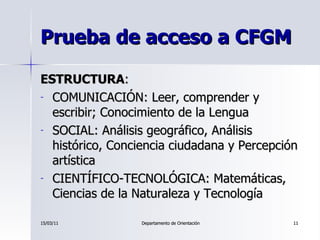 Prueba de acceso a CFGM <ul><li>ESTRUCTURA : </li></ul><ul><li>COMUNICACIÓN: Leer, comprender y escribir; Conocimiento de ...