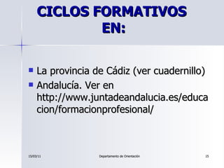 CICLOS FORMATIVOS  EN: <ul><li>La provincia de Cádiz (ver cuadernillo) </li></ul><ul><li>Andalucía. Ver en http://www.junt...