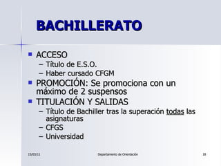 BACHILLERATO <ul><li>ACCESO </li></ul><ul><ul><li>Título de E.S.O. </li></ul></ul><ul><ul><li>Haber cursado CFGM  </li></u...