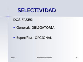 SELECTIVIDAD <ul><li>DOS FASES: </li></ul><ul><li>General: OBLIGATORIA  </li></ul><ul><li>Específica: OPCIONAL </li></ul>