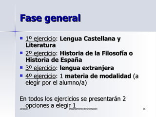 Fase general <ul><li>1º ejercicio :  Lengua Castellana y Literatura   </li></ul><ul><li>2º ejercicio :  Historia de la Fil...
