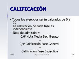 CALIFICACIÓN <ul><li>- Todos los ejercicios serán valorados de 0 a 10 </li></ul><ul><li>La calificación de cada fase es in...