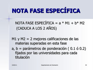 NOTA FASE ESPECÍFICA <ul><li>NOTA FASE ESPECÍFICA = a * M1 + b* M2 </li></ul><ul><li>(CADUCA A LOS 2 AÑOS) </li></ul><ul><...
