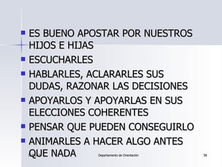 <ul><li>ES BUENO APOSTAR POR NUESTROS HIJOS E HIJAS </li></ul><ul><li>ESCUCHARLES </li></ul><ul><li>HABLARLES, ACLARARLES ...