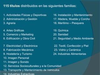 115 títulos distribuidos en las siguientes familias:
1. Actividades Físicas y Deportivas 16. Instalación y Mantenimiento
2. Administración y Gestión 17. Madera, Mueble y Corcho
3. Agraria 18. Marítimo – Pesquera
4. Artes Gráficas 19. Química
5. Comercio y Marketing 20. Sanidad
6. Edificación y Obra Civil 21. Seguridad y Medio Ambiente
7. Electricidad y Electrónica 22. Textil, Confección y Piel
8. Fabricación Mecánica 23. Vidrio y Cerámica
9. Hostelería y Turismo 24. Industrias Alimentarias
10. Imagen Personal
11. Imagen y Sonido
12. Servicios Socioculturales y a la Comunidad
13. Transporte y Mantenimiento de Vehículos
14. Industrias Extractivas
 