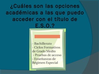 ¿Cuáles son las opciones
académicas a las que puedo
acceder con el título de
E.S.O.?
 