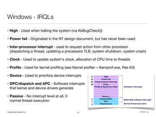 Operating Systems I PT/FF 14
Windows - IRQLs
• High - Used when halting the system (via KeBugCheck())

• Power fail - Originated in the NT design document, but has never been used

• Inter-processor interrupt - used to request action from other processor
(dispatching a thread, updating a processors TLB, system shutdown, system crash)
• Clock - Used to update system‘s clock, allocation of CPU time to threads

• Proﬁle - Used for kernel proﬁling (see Kernel proﬁler – Kernprof.exe, Res Kit)

• Device - Used to prioritize device interrupts

• DPC/dispatch and APC - Software interrupts  
that kernel and device drivers generate

• Passive - No interrupt level at all, 0 
normal thread execution
21
Passive/Low
APC
Dispatch/DPC
Device 1
.
.
.
Profile & Synch (Srv 2003)
Clock
Interprocessor Interrupt
Power fail
High
Normal thread execution
Hardware interrupts
Deferrable software interrupts
0
1
2
30
29
28
31
 