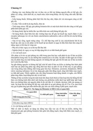 Chương 13 117
- Đường vào: mọi đường tiếp xúc và đưa vào cơ thể các kháng nguyên đều có thể gây sốc
phản vệ ( uống , tiêm dưới da, cơ, mạch máu, tiêm trong khớp, váo tuỷ sống, nhỏ mắt, đặt hậu
môn)
- Liều lượng thuốc: Không phân biệt liều lớn hay nhỏ, thậm chí vài microgam cũng có thể
gây sốc
- Cơ địa: Tiền sử đã bị dị ứng thuốc, thức ăn
- Tình trạng stress: Dễ gây giải phóng histamin khi có một kích thích dù nhỏ cũng có thể góp
phần khởi phát gây sốc.
- Sử dụng thuốc lặp lại nhiều lần: tạo điều kiện sản xuất kháng thể gây sốc
- Sử dụng thuốc chẹn bêta kéo dài: trường hợp này dễ gây tụt huyết áp, mạch chậm vì các
receptor adrenegic trơ với các thuốc catecholamin (adrenalin), mất cơ chế bù trừ của hệ thống
tim mạch.
- Gây tê tuỷ sống, ngoài màng cứng: Ức chế đáp ứng sinh lý của catecholamin khi bị hạ
huyết áp, nếu xảy ra sốc phản vệ thì huyết áp tụt nhanh và ngay từ đầu biểu hiện lâm sàng rất
nặng, nguy cơ đe doạ tử vong cao.
- Phụ nữ có thai: nguy cơ cả bà mẹ lẫn thai nhi
- Nghiện thuốc lá: nguy cơ suy hô hấp nặng khi có co thắt thanh phế quản
2. Cơ chế miễn dịch
Sốc phản vệ là do sự giải phóng các chất trung gian hóa học xuất phát từ các tế bào ưa kiềm
(basophile) trong máu và các dưỡng bào (mastocyte) ở tổ chức. Sự phá vỡ đột ngột các tế bào
này do phản ứng của một kháng nguyên với kháng thể IgE gắn lên bề mặt các tế bào ưa kiềm
tại ổ cảm thụ đặc hiệu.
Sự gắn kháng nguyên và kháng thể IgE trên bề mặt tế bào ưa kiềm và dưỡng bào khởi phát
một loạt các phản ứng phức tạp, đồng thời kéo theo sự phá vỡ các tế bào này và giải phóng
vào trong dòng máu những chất trung gian hóa học: Histamin, serotonin, bradykinin, SRSA
(slow reacting substance A) có tác dụng gây giãn tiểu động mạch, tăng tính thấm mao mạch,
co thắt phế quản. Nhiều nghiên cứu cho rằng histamin hoạt động nhanh và ngắn, còn SRSA
phản ứng chậm, hoạt động kéo dài và trội hơn.
Những tế bào ưa kiềm trong hệ tuần hoàn khi được kích thích sẽ làm hoạt hóa hệ thống bổ thể
theo con đường kinh điển dưới ảnh hưởng của globuline miễn dịch loại IgM hoặc IgG hoặc
theo con đường khác mà nguyên nhân là do nội độc tố vi khuẩn, dextran, chất cản quang có
iode. Sự hoạt hóa hệ thống bổ thể này xuất phát từ sự giải phóng yếu tố C3a, C5a, quá trình
này gọi là phản ứng quá mẫn nhiễm độc gây nên các triệu chứng ở phế quản, mạch máu.
Bảng 13.1. Tác dụng của Histamin và SRSA trên cơ quan đích
Cơ quan đích
Chất trung gian hoá học
Co thắt phế quản
Tăng tính thấm
mao mạch
Giản tiểu động
mạch
Histamin + + ++
Chất phản ứng chậm (SRSA) + + -
3. Cơ chế không miễn dịch
Một số chất và thuốc sử dụng tác động trực tiếp vào các tế bào ưa kiềm, dưỡng bào
(mastocyte) gây giải phóng histamin làm giãn tiểu động mạch, tăng tính thấm mao mạch, co
thắt phế quản.
 