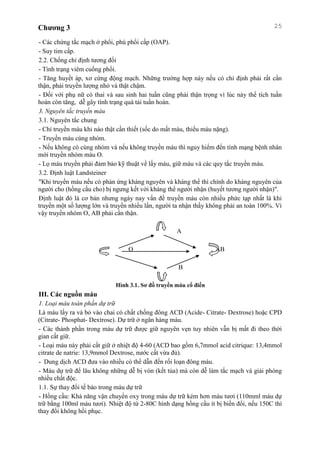 Chương 3 25
- Các chứng tắc mạch ở phổi, phù phổi cấp (OAP).
- Suy tim cấp.
2.2. Chống chỉ định tương đối
- Tình trạng viêm cuống phổi.
- Tăng huyết áp, xơ cứng động mạch. Những trường hợp này nếu có chỉ định phải rất cẩn
thận, phải truyền lượng nhỏ và thật chậm.
- Đối với phụ nữ có thai và sau sinh hai tuần cũng phải thận trọng vì lúc này thể tích tuần
hoàn còn tăng, dễ gây tình trạng quá tải tuần hoàn.
3. Nguyên tắc truyền máu
3.1. Nguyên tắc chung
- Chỉ truyền máu khi nào thật cần thiết (sốc do mất máu, thiếu máu nặng).
- Truyền máu cùng nhóm.
- Nếu không có cùng nhóm và nếu không truyền máu thì nguy hiểm đến tính mạng bệnh nhân
mới truyền nhóm máu O.
- Lọ máu truyền phải đảm bảo kỹ thuật về lấy máu, giữ máu và các quy tắc truyền máu.
3.2. Định luật Landsteiner
"Khi truyền máu nếu có phản ứng kháng nguyên và kháng thể thì chính do kháng nguyên của
người cho (hồng cầu cho) bị ngưng kết với kháng thể người nhận (huyết tương người nhận)".
Định luật đó là cơ bản nhưng ngày nay vấn đề truyền máu còn nhiều phức tạp nhất là khi
truyền một số lượng lớn và truyền nhiều lần, người ta nhận thấy không phải an toàn 100%. Vì
vậy truyền nhóm O, AB phải cẩn thận.
A
O AB
B
Hình 3.1. Sơ đồ truyền máu cổ điển
III. Các nguồn máu
1. Loại máu toàn phần dự trữ
Là máu lấy ra và bỏ vào chai có chất chống đông ACD (Acide- Citrate- Dextrose) hoặc CPD
(Citrate- Phosphat- Dextrose). Dự trữ ở ngân hàng máu.
- Các thành phần trong máu dự trữ được giữ nguyên vẹn tuy nhiên vẫn bị mất đi theo thời
gian cất giữ.
- Loại máu này phải cất giữ ở nhiệt độ 4-60 (ACD bao gồm 6,7mmol acid citrique: 13,4mmol
citrate de natrie: 13,9mmol Dextrose, nước cất vừa đủ).
- Dung dịch ACD đưa vào nhiều có thể dẫn đến rối loạn đông máu.
- Máu dự trữ để lâu không những dễ bị vón (kết tủa) mà còn dễ làm tắc mạch và giải phóng
nhiều chất độc.
1.1. Sự thay đổi tế bào trong máu dự trữ
- Hồng cầu: Khả năng vận chuyển oxy trong máu dự trữ kém hơn máu tươi (110mml máu dự
trữ bằng 100ml máu tươi). Nhiệt độ từ 2-80C hình dạng hồng cầu ít bị biến đổi, nếu 150C thì
thay đổi không hồi phục.
 
