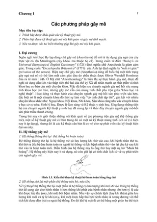 Chương 1 1
Các phương pháp gây mê
Mục tiêu học tập:
1. Trình bày được khái quát các kỹ thuật gây mê.
2. Phân biệt được kỹ thuật gây mê nội khí quản và gây mê tĩnh mạch.
3. Nêu ra được các tai biến thường gặp khi gây mê nội khí quản.
I. Đại cương
Ngôn ngữ triết học Hy lạp dùng chữ gây mê (Anesthesia) để mô tả tác dụng gây ngủ của cây
thực vật có tên Mandragora (cây khoai ma thuộc họ cà). Trong cuốn từ điển "Bailey's An
Universal Etymological English Dictionary" (1721) định nghĩa chữ Anesthesia là giảm cảm
giác. Trong cuốn "Encyclopedia Britannica" (1771) của Anh lại định nghĩa là "mất tri giác"
(privation of the senses). Hiện nay chữ gây mê (Anesthesia) dùng để biểu thị một tình trạng
gây ngủ mà nó có thể làm mất cảm giác đau do phẫu thuật được Oliver Wendell Homlmes
đưa ra từ năm 1946. Ở Mỹ chữ "Anesthesiology" là biểu thị sự thực hành gây mê, được đề
nghị sử dụng đầu tiên vào thập niên thứ hai của thế kỷ XX để nhấn mạnh sự phát triển và tính
khoa học cơ bản của một chuyên khoa. Mặc dù hiện nay chuyên ngành gây mê hồi sức mang
tính khoa học căn bản, nhưng gây mê vẫn còn mang tính chất pha trộn giữa "khoa học và
nghệ thuật". Hoạt động và thực hành của chuyên ngành gây mê-hồi sức phát triển sâu hơn,
đặc biệt nó là một chuyên khoa đòi hỏi sự làm việc "có tính chất tập thể", gắn kết với nhiều
chuyên khoa khác như: Ngoại khoa, Nội khoa, Nhi khoa, Sản khoa cũng như các chuyên khoa
y học cơ sơ như: Sinh lý học, Dược lý lâm sàng và Kỹ thuật y sinh học. Ứng dụng những tiến
bộ của chuyên ngành Kỹ thuật y sinh học đã mang lại và thúc đẩy chuyên ngành gây mê-hồi
sức phát triển nhanh chóng.
Trong bài này chỉ giới thiệu những nét khái quát về các phương tiện gây mê (hệ thống gây
mê), một số kỹ thuật gây mê cơ bản trong đó có một số kỹ thuật mang tính lịch sử (vì hiện
nay ít áp dụng), nhưng đó là các kỹ thuật căn bản là cơ sở cho sự phát triển các kỹ thuật hiện
đại sau này.
II. Hệ thống gây mê
1. Hệ thống không thở lại (hệ thống hở hoàn toàn)
Hệ thống không thở lại là hệ thống mê có lưu lượng khí thở vào cao, khi bệnh nhân thở ra,
khí thở ra đều bị đưa hoàn toàn ra ngoài hệ thống và khi bệnh nhân thở vào lại chu kỳ sau khí
thở vào là hoàn toàn mới. Điển hình của hệ thống này là ống thở hay mặt nạ hở ”Mask bà
hoàng”. Hệ thống này hiện nay ít sử dụng, nó còn giữ lại có tính chất lịch sử về sự phát triển
của ngành gây mê.
Hình 1.1. Kiểu thở theo kỹ thuật hở hoàn toàn bằng ống thở
2. Hệ thống thở lại một phần (hệ thống nửa hở, nửa kín)
Về lý thuyết hệ thống thở lại một phần là hệ thống có lưu lượng khí mới đi vào trong hệ thống
thở để cung cấp cho bệnh nhân ít hơn thông khí phút của bệnh nhân nhưng lớn hơn tỷ lệ các
khí được hấp thu (oxy, khí mê) bởi bệnh nhân. Như vậy sự chênh lệch (hay khí thừa) giữa lưu
lượng khí mới và tỷ lệ khí (oxy, khí mê) được hấp thu bởi bệnh nhân là tương đương với thể
tích khí được đào thải ra ngoài hệ thống. Do đó khí bị mất đi có thể bằng một phần ba thể tích
 