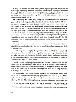 u màng não là một u phát triền tỏa ra (tumeur expansive) cho nên nó gây dè, đáy
mạnh và gây hiện tượng phân tách (dislocation vasculaire) các huyết quản nhiêu hon
là các u gây thâm nhiễm (tumneur iníìltrative) nhu u oligodendrogliom, thè thâm nhiêm
của astrocytom. Nhưng nhiều khi cũng khó phân biệt giũa hai loại u trẽn vì thuồng
có phù nen não quanh khối u.
2.4. Di bào ung thư ở náo: trong chùng 50% các di bào có một hệ thống huyết
quản bệnh lý. Hình dáng của những huyết quản này phụ thuộc vào bản chất của u
nguyên thủy, không thể trên phim X quang phân biệt dược các loại di bào và tìm dược
bản chất cùa u gốc. Nên nhó, nếu là di bào của một sarcom thì hình ảnh các huyết
quản giống như loại Ì, 2, 3 của glioblastom, nếu là một di bào cùa một carcinom thì
các huyết quản trong u tuông tụ nhu trong u màng não. Những di bào ung thu phát
triền theo cách lan tòa ra (expansif), có giói hạn rõ nhu nhũng u màng não. Di bào
khác u màng não ó chỗ kích thuóc thường nhó hon và thường có nhiều trong não, tuy
rằng nhũng u màng não cũng có thể thấy nhiều hon, nhung rất hiếm. Di bào khác
glioblastom ỏ chỗ có hình cầu, trong khi glioblastom thuồng có hình thành góc (aspect
cuneiíbrme).
2.5. Angioreticulom hoặc angioblastom (u Lindan): đó là nhũng u có nhiêu mạch
máu ó hố sọ sau, thuồng khu trú ó tiếu não. u có thể thấy nhiều trong tiểu não. Nguôi
ta phân ra 2 loại:
- Loại 1: vùng có u to bằng hạt dè, ngấm thuốc thuần nhất hoặc bên trong có một
lưới huyết quản dày, nhò, khía đều, trông gióng một cuộn bông. Những huyết quản
này ngấm ngay trong thì động mạch. u có giói hạn rõ. Nhung muốn nhận định dược
rõ kích thước của toàn khối u, phải dề ý tói cả hình phân tách các động mạch (dislocation
- vasculaire) mà u gây ra à xung quanh.
- Loại 2: u có một vách trông nhu một nang kén thực sự. Trên phim thấy một vùng
khoanh tròn, có rất nhiều huyết quản, rộng độ vài ly, bò giói hạn rõ, bao quanh một
vùng mạch máu nghèo nàn. Nhũng huyết quản này là nhũng mao mạch và tĩnh mạch,
ngấm rõ trên phim chụp X quang sau thì động mạch. Phát hiện u bằng chụp động
mạch sống và chọc náo thất.
2.6. u thẩn kinh (neurinom): những u thần kinh của hạch Gasser, những u dây
VUI có thế có những huyết quản riêng biệt giống nhu loại 2 của u màng náo. Những
huyết quán này sắp xếp tuông đối đêu, nhu một hình nan hoa bánh xe hoặc như hình
cuộn bông. Rất khó phàm biệt trên phim chụp động mạch giữa li thần kinh và màng não.
3. VỊ TRÍ DẶC BIỆT CỦA MỘT số LOẠI u NÃO TRÊN PHIM CHỤP ĐỘNG MẠCH
Qua kinh nghiệm cùa hàng ngàn trường họp u não, người ta thấy rằng, một sò các
106
 