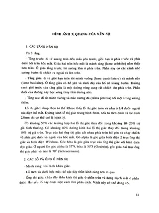 HÌNH ẢNH X. QUANG CỦA NẾN sọ
1. CÁC TẦNG NỀN SỌ
Có 3 tầng.
- Tàng trước: di từ xoang trán đến mấu yên trước, giỏi hạn ỏ phía trước và phía
đuối bói tràn hóc mắt. Giũa hai tràn hốc mắt là mảnh sàng (lame cribblée) nằm thấp
hon trần. o giũa tầng truóc, bò xuong lõm ò phía trên. Phần này có các cánh nhỏ
xuong bướm đi chếch ra ngoài và lên trên.
- Tầng giữa: di tù giói hạn trên tói mảnh vuông (lame quadrilatere) và mảnh nền
(lame basilaire). o tàng giũa có hố yên và đuối đáy của hố có xoang buồm. Đường
ranh giói truóc của tầng giũa là một đường vòng cung rất chếch lên phía trên. Phàn
dưới của đường này bọc vòng thúy thái dương não.
- Tằng sau: đi từ mảnh vuông và mào xương đá (crista petrosa) tói một trong xuong
chẩm.
Lỗ thị giác: chụp theo tu thế Rhese thấy lỗ thị giác tròn và nằm ò 1/4 dưới- ngoài
cùa diện hố mắt. Đuòng kính lỗ thị giác trung bình 5mm, nếu to trên 6mm và bé đuối
2,8mm thì có thể coi là bệnh lý.
Có khoảng 50% các trường họp hai lỗ thị giác thay đổi trong khoảng 10- 20% trị
giá bình thuòng. Có khoáng 40% dường kính hai lỗ thị giác thay đổi trong khoảng
10% trị giá trên. Trục cùa haiống thị giác cắt nhau phía trên hố yên và chạy chếch
về phía góc dưới và ngoài cùa hốc mắt. Gò alpha là góc giữa bình diện 2 trụcổng thị
giác và bình diện Wirchow. Góc bêta là góc giũa trục cùa óng thị giác vối bình diện
dọc giũa.Ớ nguôi lốn góc alpha là 37°9, bèta là 30°3 (Goaivvin), góc giũa hai trục óng
thị giác phải và trái là 78° (Scheuermann).
2. CẤC LỖ VÀỐNGở NỀN sọ
• Mánh sàng: vói rãnh khứu giác.
- Lỗ trên và đuôi hốc mắt: để các dây thằn kinh cùng tên đi qua.
-Ống thị giác: chúa dây thần kinh thị giác à phần trên và động mạch mắt ó phần
đuôi. Hai yếu tố này dược một vách thó phân cách. Vách này có thế đóng vôi
15
 