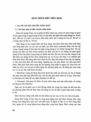 KÍCH THÍCH ĐIỆN THÂN KINH
1. ĐO TỐC ĐỘ DẪN TRUYỀN THẦN KINH
1.1. Sơ lược sinh lý dấn truyền thẩn kinh.
- Điện thế màng tế bào: do sụ phân bố khác nhau của cation và aion trong và ngoài
tế bào, giũa trong và ngoài màng tế bào có một điện thế (diện thế xuyên màng) tù -20 mV
đến -100 mV. Cụ thể ó các noron thần kinh, diện thế ỏ màng sợi trục là -90 mV và
ỏ màng thân tế bào là -70 mV.
- Phát dộng và lan truyền diện thế hoạt động: khi kích thích dây thán kinh bàng
một dòng điện yếu, tại cục âm của điện cục kích thích (cathode) điện tích âm tập
trung ò ngoài màng tế bào làm cho phía trong màng sẽ trỏ thành dương hon. Tại cục
dương của điện cực kích thích (anode) các điện tích âm có xu huống ròi phía ngoài
màng tế bào làm phía trong màng trò thành âm hon. Do súc cản của bào tuông và độ
dẫn diện của màng tế bào, hiện tuông khứ cục và tái cực chi thấy ỏ vài milimét gần
điềm kích thích. Khi dòng điện kích thích đù lòn, diện thế màng tế bào dạt tói ngưỡng
và làm xuất hiện điện thế hoạt động. Ngưỡng này còn phụ thuộc vào thòi gian kích
thích! Thòi gian kích thích càng dài thì ngưỡng càng thấp và ngược lại. Dựa trên các
nhận xét trên, các tác giả cổ điên dùng hai phương pháp sau dể đánh giá tình trạng
của co và các dây thần kinh chi phối:
+ Rhéobase: cuông độ dòng điện kích thích nhỏ nhất mà nhỏ hon nó thì sẽ không
thu được một đáp úng thần kinh nào, cho dù thòi gian kích thích là vô hạn. Trên thục
tế thòi gian tối thiều đế xác định rhéobase là 300 ms.
+ Chronaxie: thòi gian tối thiều đế kích thích được một dây thần kinh vói cường
độ bằng hai làn rhéobase.
Ngày nay, do sự phức tạp và tính không chính xác trong việc nhận xét kết quả nên
hai phương pháp trên đã đuọc thay thế bằng đo tóc độ dẫn truyền thằn kinh và diện
cơ đồ.
Điện thế hoạt dộng xuất phát từ một điểm của sợi trục sẽ lan tỏa theo hai phía.
Dòng điện trong tế bào chạy tù vùng hoạt động (noi tích điện dương) đến vùng
không hoạt động bên cạnh (noi tích điện âm).Ỏ ngoài tế bào sẽ có một dòng diện
chạy ngược lại từ vùng không hoạt động đến vùng hoạt động. Hiện tuông này làm
206
 