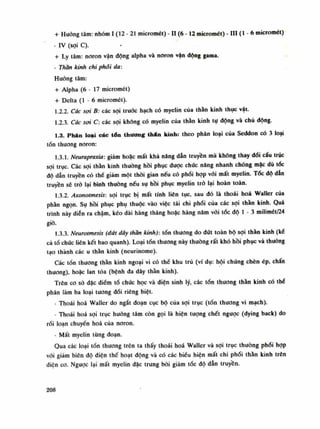 + Huống tâm: nhóm ì (12 - 21 micromét) - l i (6 - 12 micromét) - III (I - 6 micromét)
- IV (sợi C).
+ Ly tâm: noron vận dộng alpha và noron vận động gama.
- Thần kinh chi phôi da:
Huống tâm:
+ Alpha (6 -17 micromét)
+ Delta (1-6 micromét).
1.2.2. Các sợi B: các sợi truóc hạch có myelin của thần kinh thục vật.
1.2.3. Các sợi C: các sợi không có myelin của thần kinh tụ dộng và chủ dộng.
1.3. Phân loại các tổn thương thín kinh: theo phân loại của Seddon có 3 loại
tổn thương noron:
1.3.1. Neurapraxia: giảm hoặc mất khả năng dẫn truyền mà không thay dổi cấu trục
sợi trục. Các sợi thần kinh thuồng hồi phục được chức năng nhanh chóng mặc dù tốc
độ dẫn truyền có thể giảm một thòi gian nếu có phối họp vói mất myelin. Tốc độ dẫn
truyền sẽ trò lại bình thuồng nếu sụ hồi phục myelin trỏ lại hoàn toàn.
1.3.2. Axonotmesis: sợi trục bị mất tính liên tục, sau đó là thoái hoa Waller của
phần ngọn. Sụ hồi phục phụ thuộc vào việc tái chi phổi cùa các sợi thần lãnh. Quá
trình này diễn ra chậm, kéo dài hàng tháng hoặc hàng năm vói tóc độ Ì - 3 milimét/24
giò.
1.3.3. Neurotmesis (đứt dây thần kinh): tổn thương do đứt toàn bộ sợi thần kinh (ké
cả tố chức liên kết bao quanh). Loại tổn thương này thuồng rất khó hồi phục và thướng
tạo thành các u thần kinh (neurinome).
Các tổn thương thần kinh ngoại vi có thể khu trú (ví dụ: hội chứng chèn ép, chấn
thuong), hoặc lan tỏa (bệnh đa dây thần kinh).
Trên co sò đặc điếm tổ chức học và điện sinh lý, các tổn thương thần kinh có thè
phân làm ba loại tuông dối riêng biệt.
- Thoái hoá Waller do ngắt đoạn cục bộ của sợi trục (tổn thương vi mạch).
- Thoái hoa sợi trục hướng tâm còn gọi là hiện tuông chết ngược (dying back) do
rói loạn chuyến hoa của noron.
- Mất myelin tùng đoạn.
Qua các loại tốn thương trên ta thấy thoái hoa Waller và sợi trục thường phôi họp
vói giảm biên độ diện thế hoạt dộng và có các biểu hiện mất chi phối thần kinh trên
diện co. Ngược lại mất myclin dặc trung bói giảm tóc độ dẫn truyền.
208
 