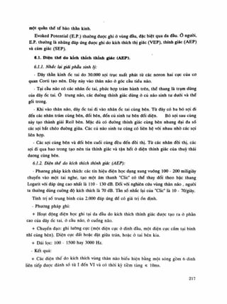 một quần thế tế bào thân kinh.
Evoked Potential (E.P.) thuồng đuọc ghi ỏ vùng đàu, đặc biệt qua da đầu.Ỏ nguôi,
E.P. thường là nhũng đáp ứng dược ghi do kích thích thị giác (VEP), thính giác (AEP)
và cảm giác (SEP).
6.1. Điện thể do kích thích thỉnh giác (AEP).
6.1.1. Nhắc lại giải phẫu sinh lý:
• Dây thần kinh ốc tai do 30.000 sợi írục xuất phát tù các noron hai cực cùa co
quan Corti tạo nên. Dây này vào thân não ỏ góc cầu tiêu não.
- Tại cầu não có các nhânốc tai, phúc hạp trám hành trên, thể thang là trạm dùng
của dâyốc tai.Ỏ trung não, các đuòng thính giác dùngớ củ não sinh tu dưới và thế
gối trong.
• Khi vào thân não, dâyốc tai đi vào nhânốc tai cùng bên. Tù đây cố ba bó sợi đi
đến các nhân trám cùng bên, đối bên, đến cù sinh tu bên dối diện. Bó sợi sau cùng
này tạo thành giải Reil bên. Mặc dù có đường thính giác cùng bên nhung đại đa số
các sợi bắt chéo đường giữa. Các củ não sinh tu cũng có liên hệ vói nhau nhò các sợi
liên họp.
• Các sợi cùng bên và đối bèn cuối cùng đều đến đồi thị. Tù các nhân dồi thị, các
sợi đi qua bao trong tạo nên tia thính giác và tận hết ỏ diện thính giác của thúy thái
dương cùng bên.
6.7.2. Diện thể do kích thích thính giác (AEP):
• Phương pháp kích thích: các tín hiệu điện học dạng xung vuông 100 - 200 miligiây
chuyến vào một tai nghe, tạo một âm thanh "Che" có thế thay đổi theo bậc thang
Logarit vói đáp ứng cao nhất là 110 - 130 dB. Đối vói nghiên cứu vùng thân não , ngưòi
ta thường dùng cuông độ kích thích là 70 dB. Tàn số nhắc lại của "Che" là lo - 70/giây.
Tính trị số trung bình của 2.000 đáp ứng đế có giá trịổn định.
- Phương pháp ghi:
+ Hoạt dộng diện học ghi tại da đàu do kích thích thính giác được tạo ra ỏ phàn
cao của dâyốc tai, ỏ càu não, ỏ cuống não.
+ Chuyển đạo: ghi lưỡng cục (một điện cục ỏ đinh đàu, một diện cục cấm tại bình
nhĩ cùng bên). Điện cục đất hoặc dặt giữa trán, hoặc ỏ tai bên kia.
+ Dải lọc: 100 • 1500 hay 3000 Hz.
- Kết quả:
+ Các diện thế do kích thích vùng thân não biếu hiện bằng một sóng gồm 6 dinh
liên tiếp đuọc đánh số tù ì đến VI và có thòi kỳ tiềm tàng Sỉ lOms.
217
 