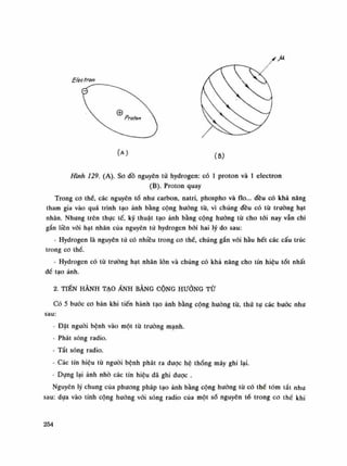 A
Hình 129. (A). So đồ nguyên tử hydrogen: có Ì proton và Ì electron
(B). Proton quay
Trong co thế, các nguyên tố nhu carbon, natri, phospho và do... đều có khả năng
tham gia vào quá trình tạo ảnh bằng cộng hưởng tù, vì chúng đều có tù truòng hạt
nhân. Nhung trên thục tế, kỹ thuật tạo ảnh bằng cộng hưởng tù cho tói nay vẫn chi
gắn liền vói hạt nhân của nguyên tử hydrogen bời hai lý do sau:
- Hydrogen là nguyên tử có nhiều trong co thể, chúng gắn vói hàu hết các cấu trúc
trong co thể.
- Hydrogen có tù trường hạt nhân lốn và chúng có khả năng cho tín hiệu tót nhất
để tạo ánh.
2. TIẾN HÀNH TẠO ẢNH BẰNG CỘNG HƯỞNG TỪ
Có 5 buóc co bản khi tiến hành tạo ảnh bằng cộng hường tù, thứ tự các bước nhu
sau:
- Đặt người bệnh vào một tù trường mạnh.
- Phát sóng radio.
- Tắt sóng radio.
- Các tín hiệu từ nguôi bệnh phát ra được hệ thống máy ghi lại.
• Dựng lại ảnh nhò các tín hiệu đã ghi được .
Nguyên lý chung của phương pháp tạo ảnh bằng cộng huống tù có thế tóm tắt nhu
sau: dựa vào tính cộng hướng vói sóng radio cùa một số nguyên tố trong co thế khi
254
 