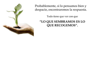 Probablemente, si lo pensamos bien y 
despacio, encontraremos la respuesta. 
Todo tiene que ver con que 
“LO QUE SEMBRAMOS ES LO 
QUE RECOGEMOS”. 
 