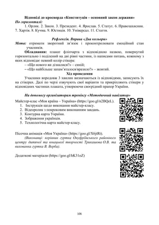 106
Відповіді до кросворда «Конституція – основний закон держави»
По горизонталі:
1. Орлик. 2. Закон. 3. Президент. 4. Ярослав. 5. Статут. 6. Правозахисник.
7. Хартія. 8. Кучма. 9. Юстиція. 10. Універсал. 11. Стаття.
Рефлексія. Вправа «Два кольори»
Мета: отримати зворотний зв‘язок і проконтролювати емоційний стан
учасників.
Обладнання: плакат фліпчарта з відповідною назвою, повернутий
горизонтально і поділений на дві рівні частини, із написами питань, кожному з
яких відповідає певний колір стікера:
– «Що нового ви дізналися?» – синій;
– «Що найбільше запам‘яталося/вразило?» – жовтий.
Хід проведення
Учасники впродовж 3 хвилин визначаються із відповідями, записують їх
на стікерах. Далі по черзі озвучують свої варіанти та прикріпляють стікери у
відповідних частинах плаката, утворюючи своєрідний прапор України.
На допомогу організаторам тренінгу «Методичний навігатор»
Майстер-клас «Моя країна – Україна» (https://goo.gl/n2BQeL).
1. Інструкція щодо виконання майстер-класу.
2. Відеоролик з покроковим виконанням завдань.
3. Контурна карта України.
4. Зображення українців.
5. Технологічна карта майстер-класу.
Пісочна анімація «Моя Україна» (https://goo.gl/X6jtRt).
(Виконавці: керівник гуртка Онуфріївського районного
центру дитячої та юнацької творчості Трикашова О.В. та
вихованка гуртка В. Верба).
Додаткові матеріали (https://goo.gl/hK31oZ)
 